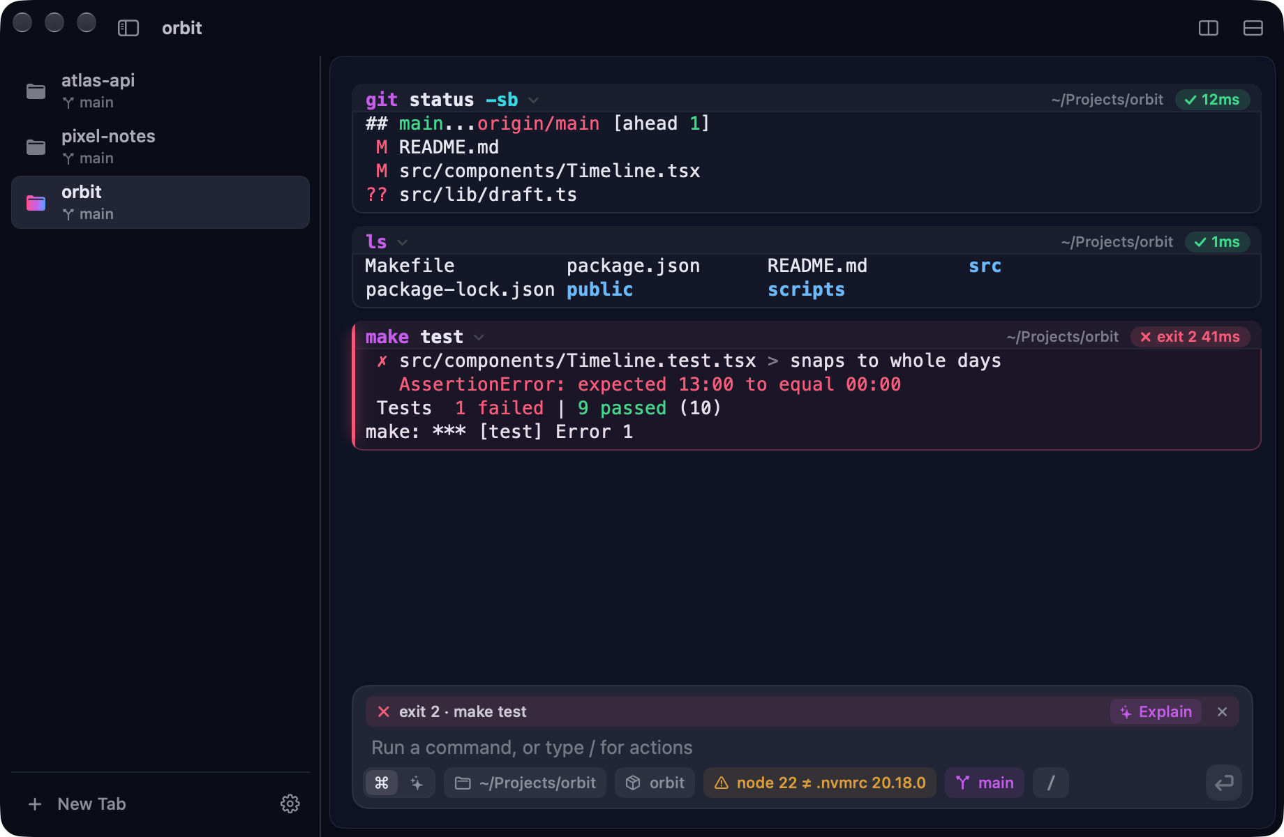 Three command cards in Cue: git status, ls, and a failing make test with exit 2, and an Explain button above the composer