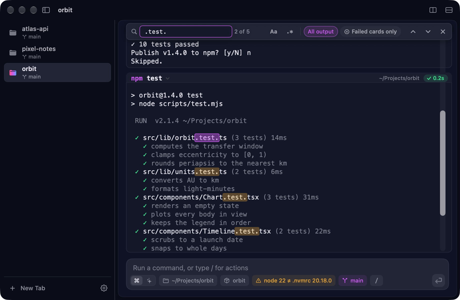 Find in Cue output: the query .test. highlights five matches across the npm test card, the current match in purple