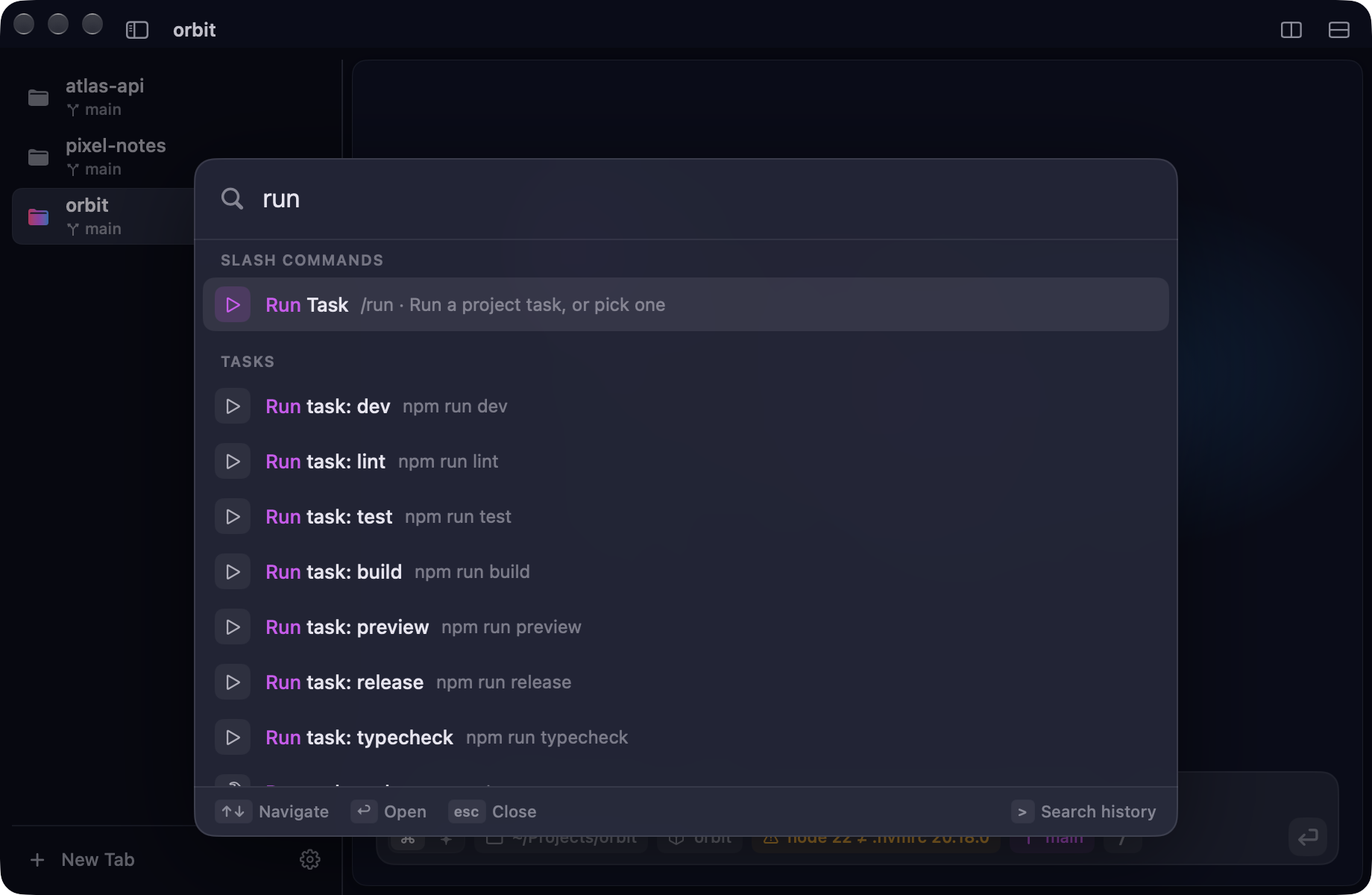 The Cue command palette searching for run: the Run Task slash command and every task of the orbit project, from dev to typecheck