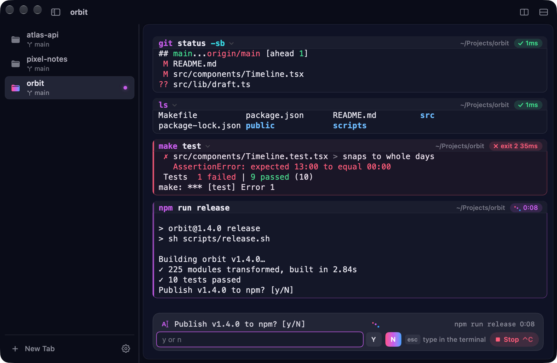 Cue running a release script that asks to publish v1.4.0; the composer has become a question field with Y and N buttons