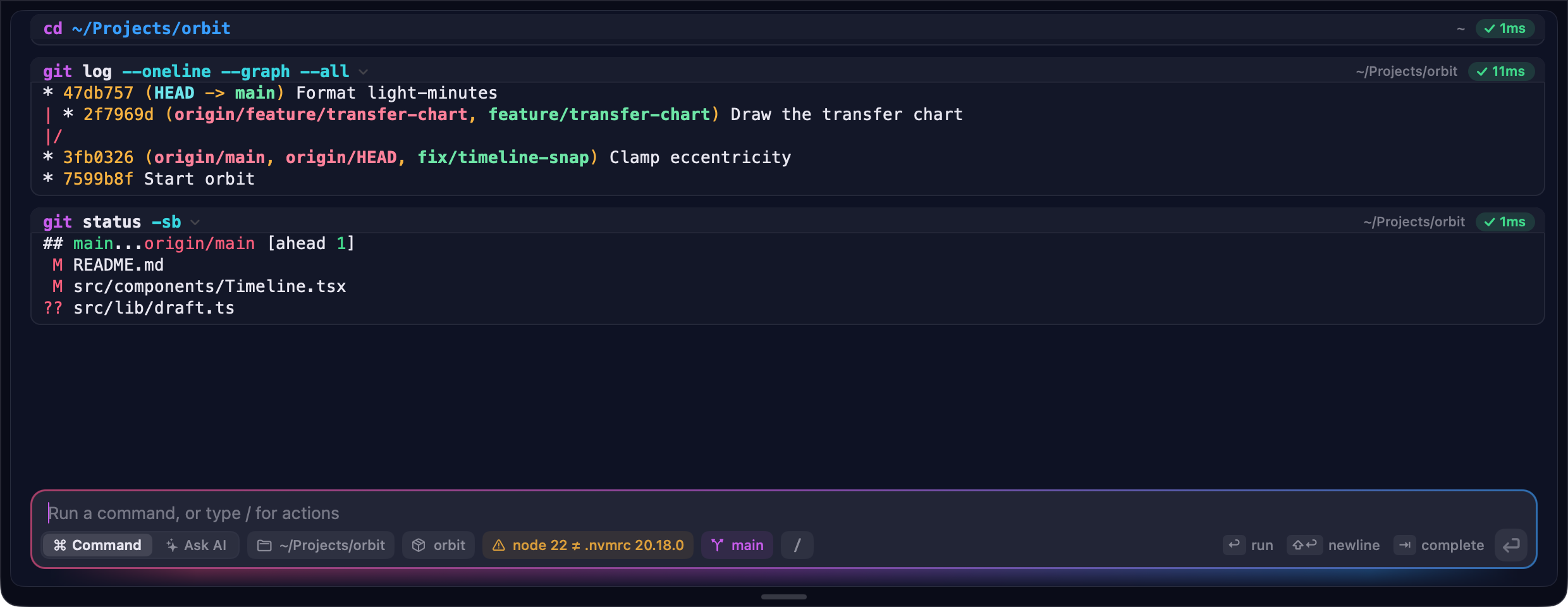 The Cue Quick Terminal: a wide panel at the top of the screen showing a git log graph and git status for the orbit project, with the composer at its foot