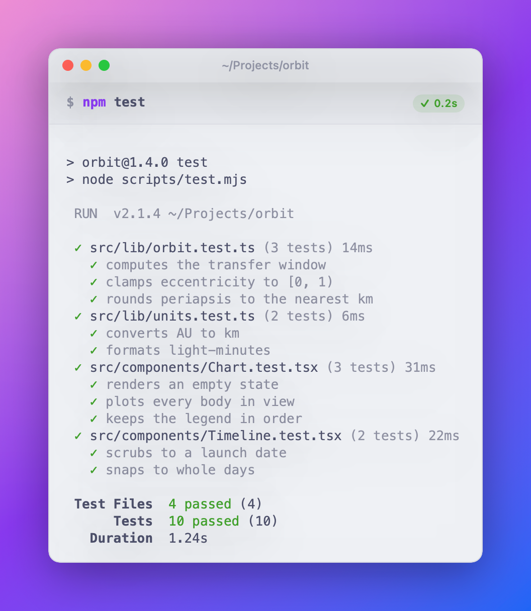 A Share as Image PNG of npm test in Catppuccin Latte: ten passing tests in a light window on a pink and purple gradient
