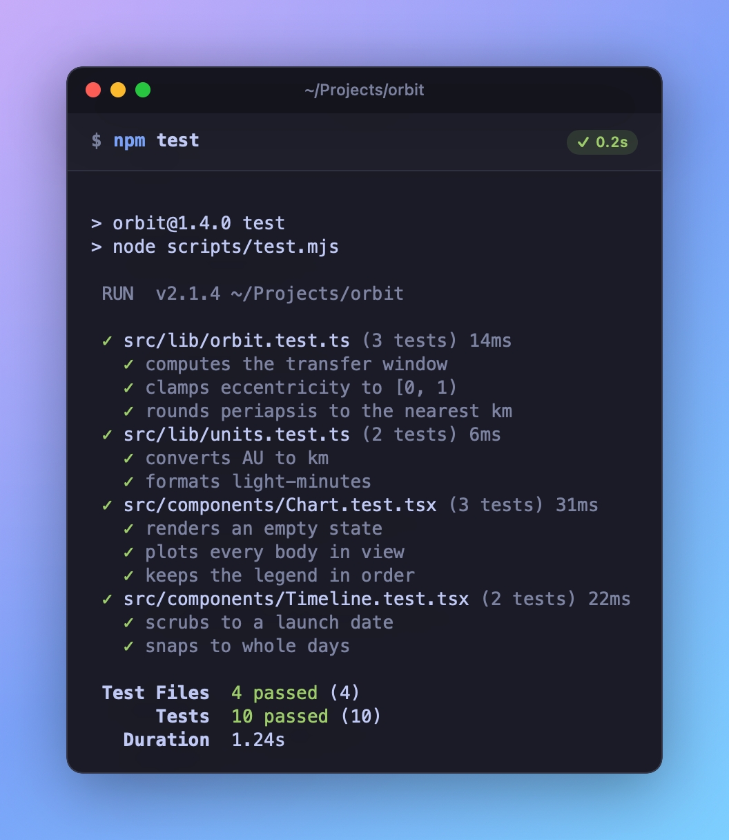 A Share as Image PNG of npm test in Tokyo Night: ten passing tests on a purple and blue gradient