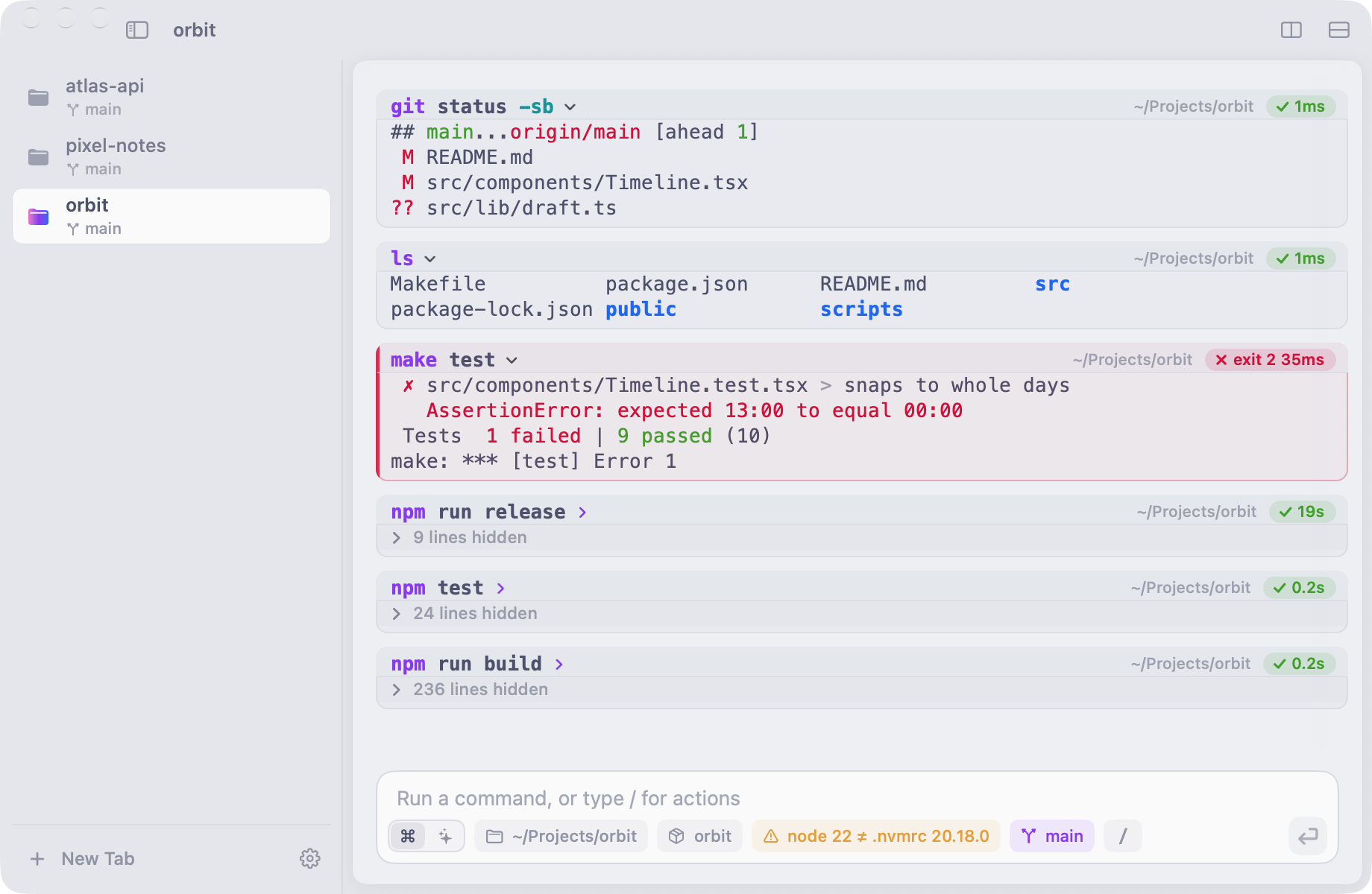 Cue in the Catppuccin Latte light theme with command cards, some folded